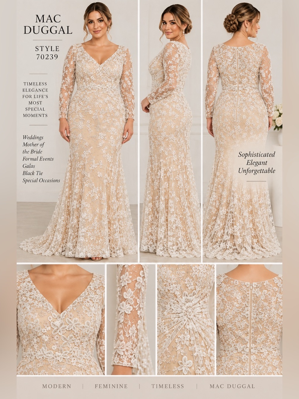 Mac Duggal 70239 Ivory Nude Embroidered Long Sleeve Gown Size 14